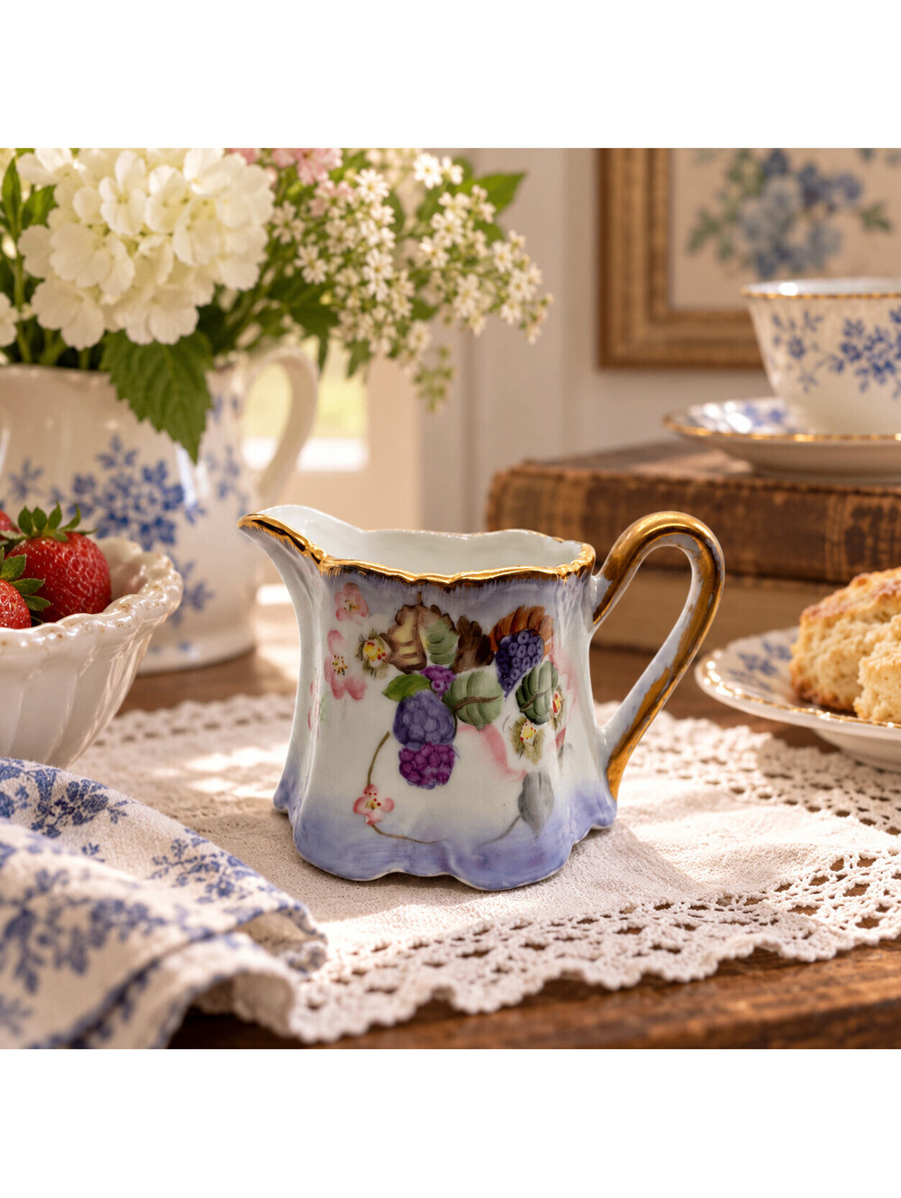 Vintage B.R.C. Bavaria Hand-Painted Berry Floral Creamer Pitcher Gold Trim